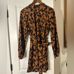 Long Sleeve Animal Print Short Dress - tie waist -SHEIN Size Medium